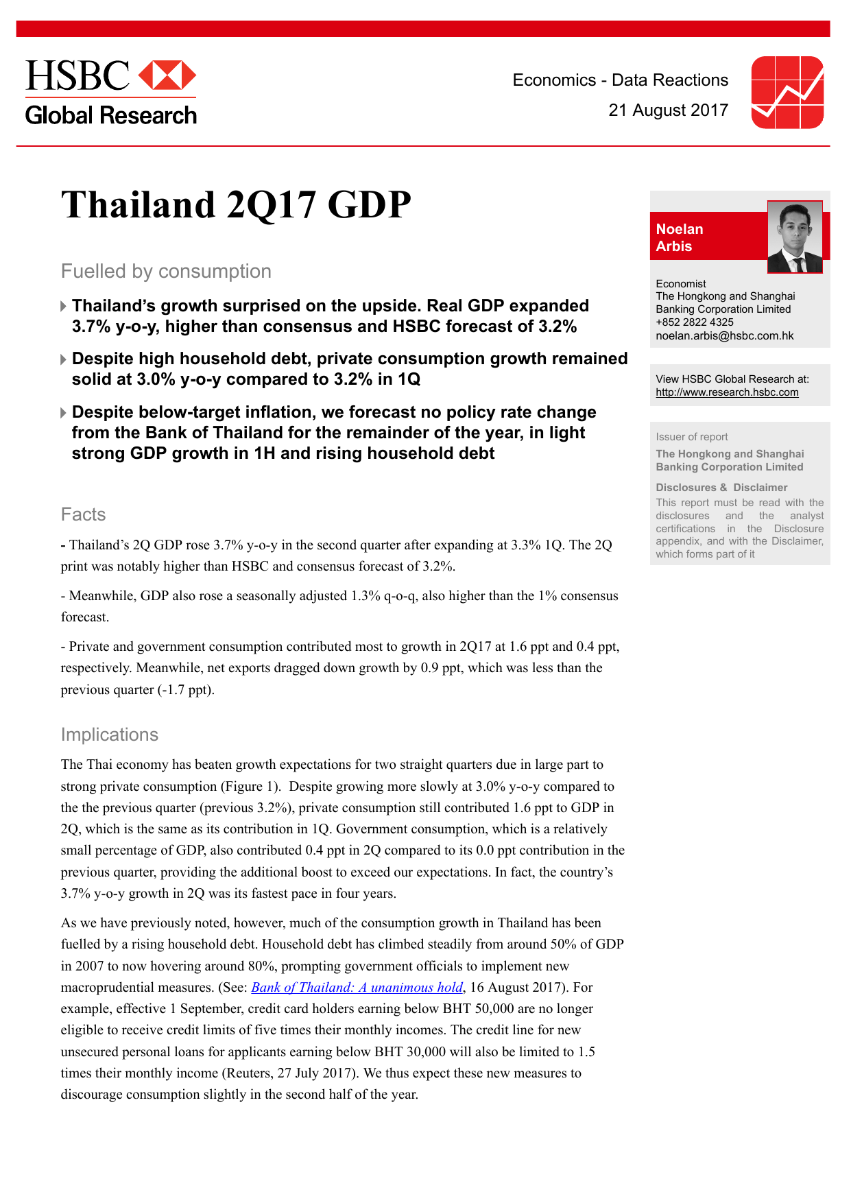 汇丰银行-东南亚-泰国宏观经济-泰国二季度国内生产总值受消费推动增长超预期-20170821-Thailand 2Q17 GDP Fuelled by consumption-20170821-HSBC